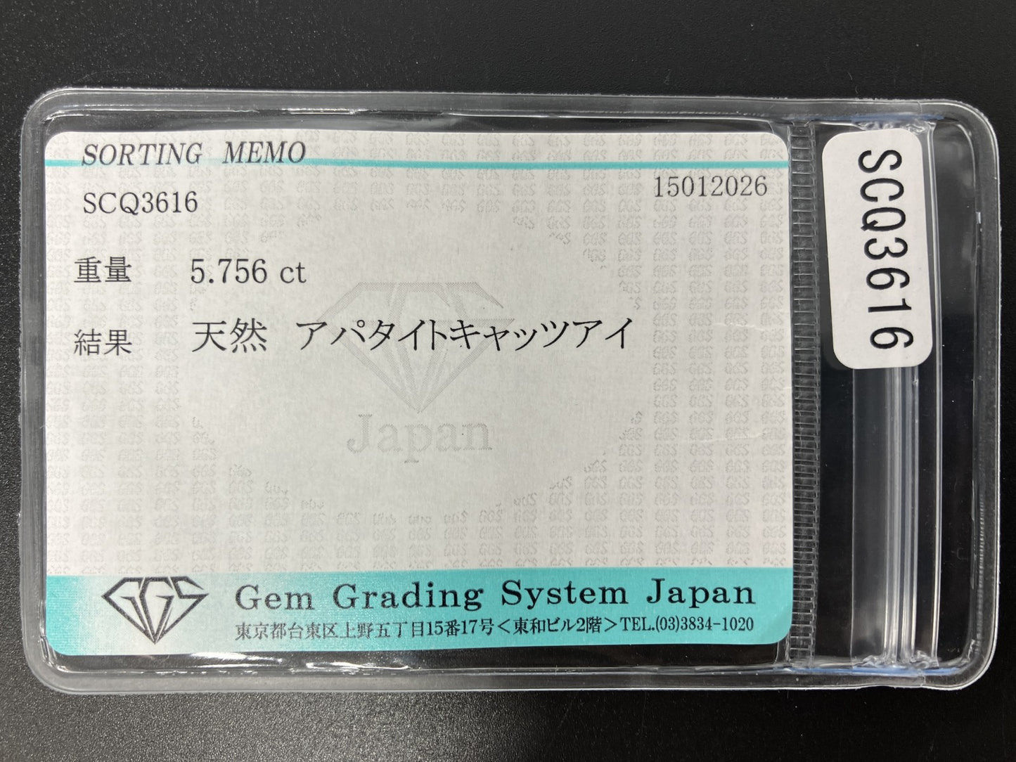 アパタイトキャッツアイ 天然 5.756ct 宝石ソーティング付き 12.6㎜×9.7㎜×5.2㎜ ルース（ 裸石 ） 8067YY