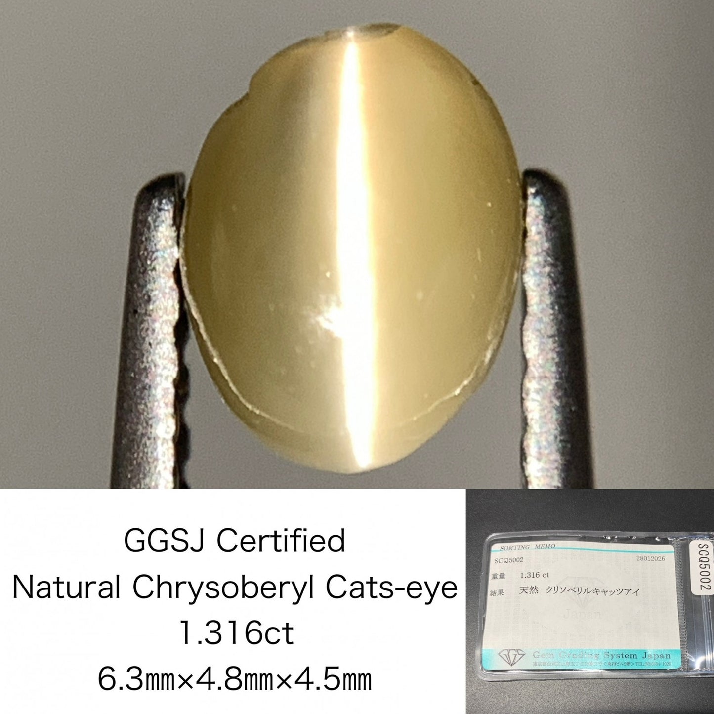 クリソベリルキャッツアイ 天然 1.316ct 宝石ソーティング付き 6.3㎜×4.8㎜×4.5㎜ ルース（ 裸石 ） 8217Y