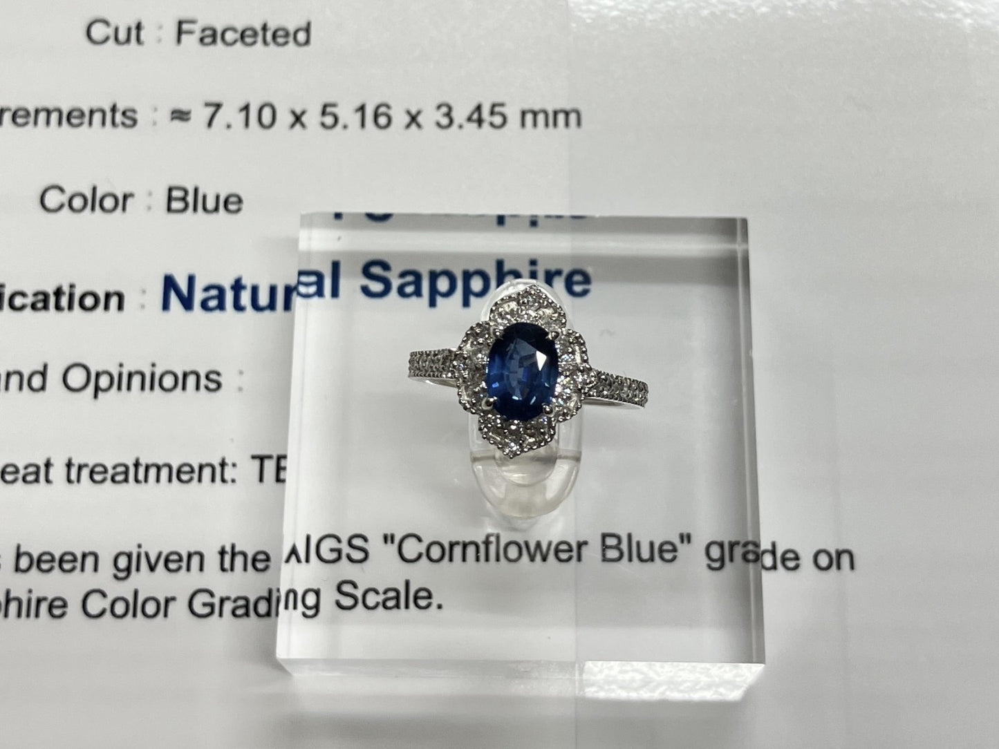 サファイア 1.21ct コンフラワーブルー Cornflower blue AIGS鑑別書 D0.45ct PT900 4.8g 指輪 （JP10号） サイズ直し無料 7331S