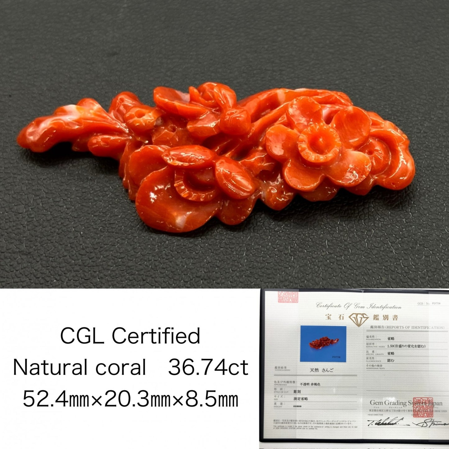 赤珊瑚 天然 36.74ct 宝石ソーティング付き 52.4㎜×20.3㎜×8.5㎜ ルース（ 裸石 ） 8696S