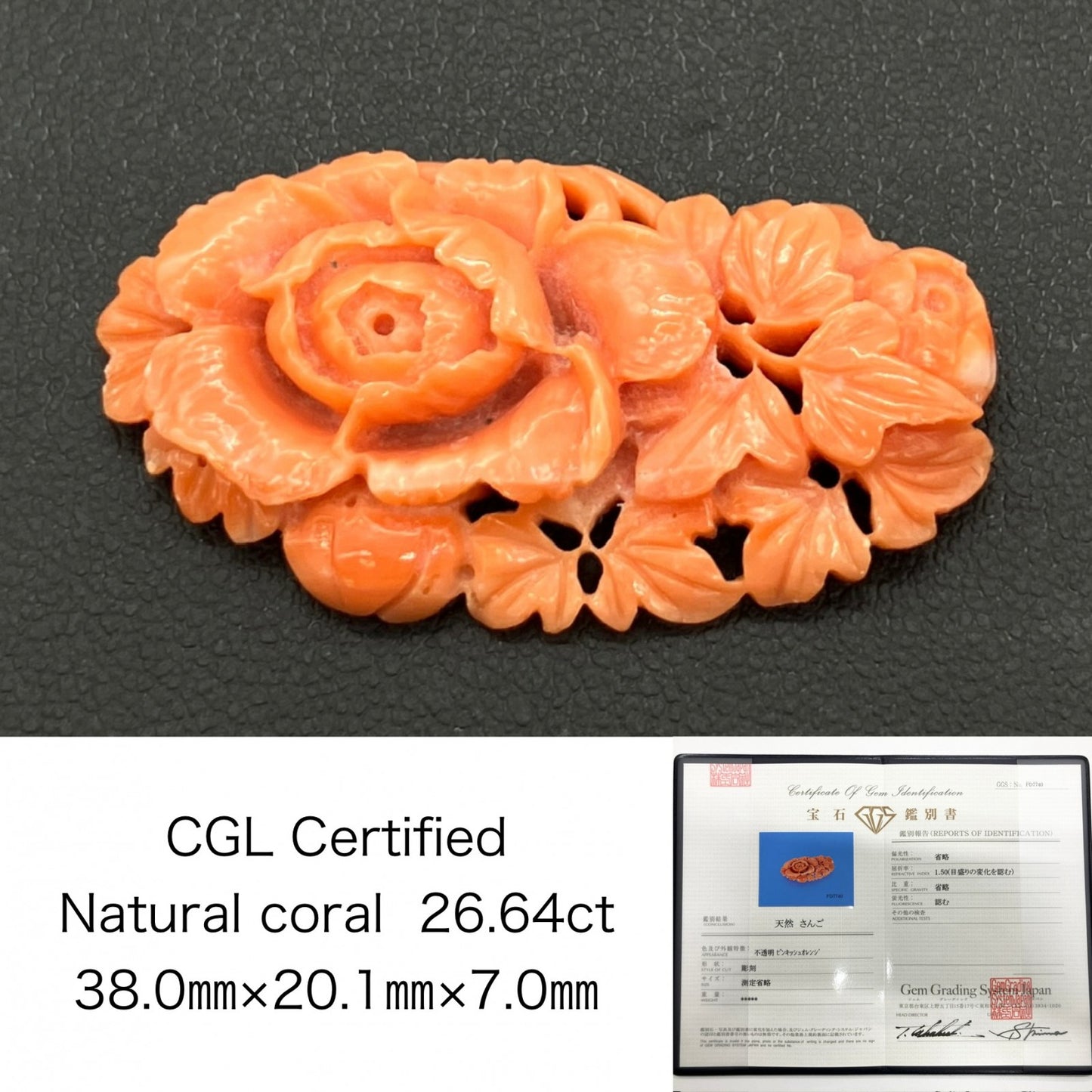 珊瑚　さんご 天然 26.64ct 宝石ソーティング付き 38.0㎜×20.1㎜×7.0㎜ ルース（ 裸石 ） 8693S