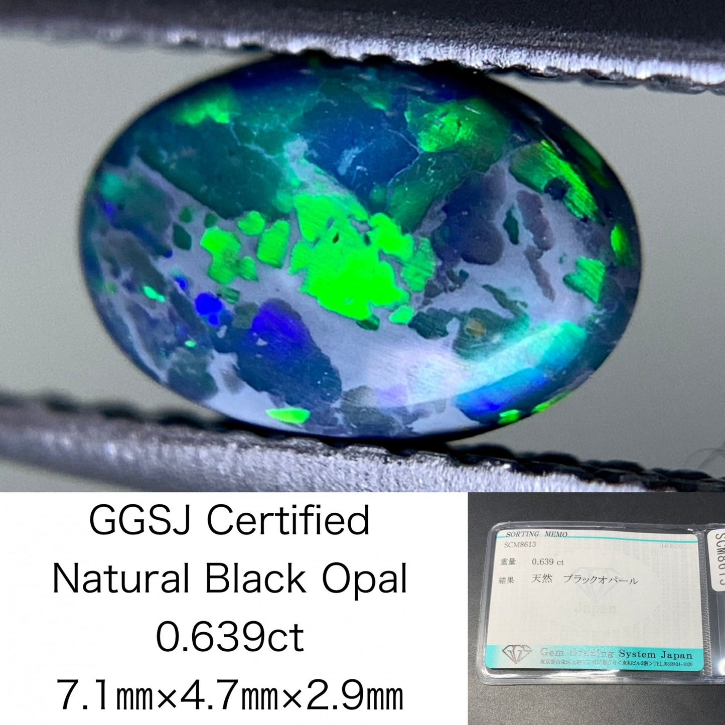 ブラックオパール 天然  0.639ct  宝石ソーティング付き  7.1㎜×4.7㎜×2.9㎜  ルース（ 裸石 ）  5350Y