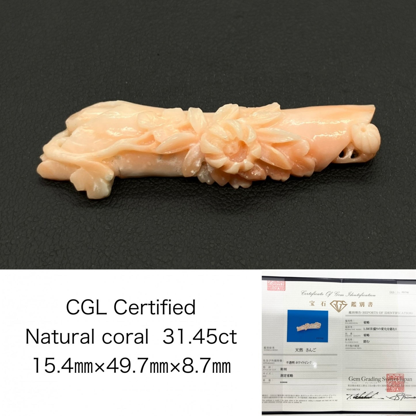 珊瑚　さんご 天然 31.45ct 宝石ソーティング付き 15.4㎜×49.7㎜×8.7㎜ ルース（ 裸石 ） 8699S