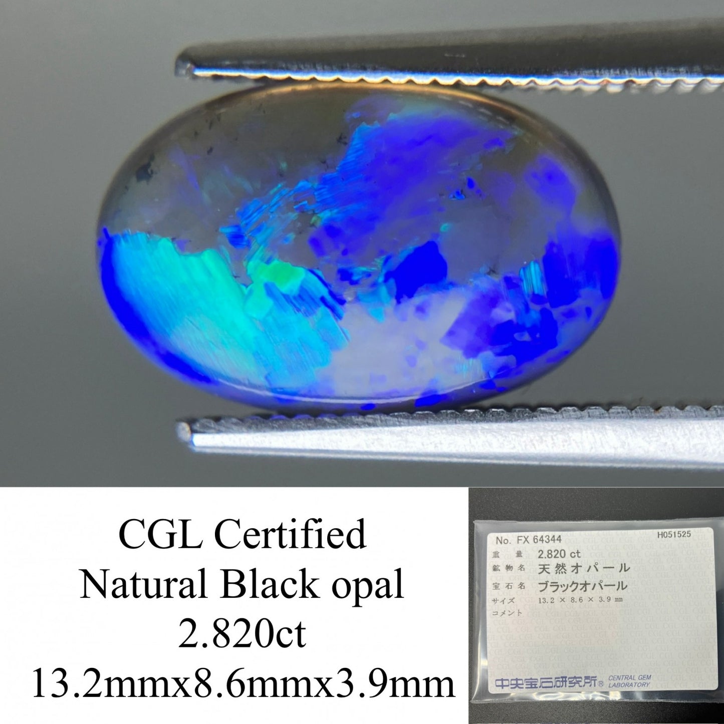 ブラックオパール  天然  2.820ct  中央宝石ソーティング付き  13.2㎜×8.6㎜×3.9㎜  ルース（ 裸石 ） 4873YY
