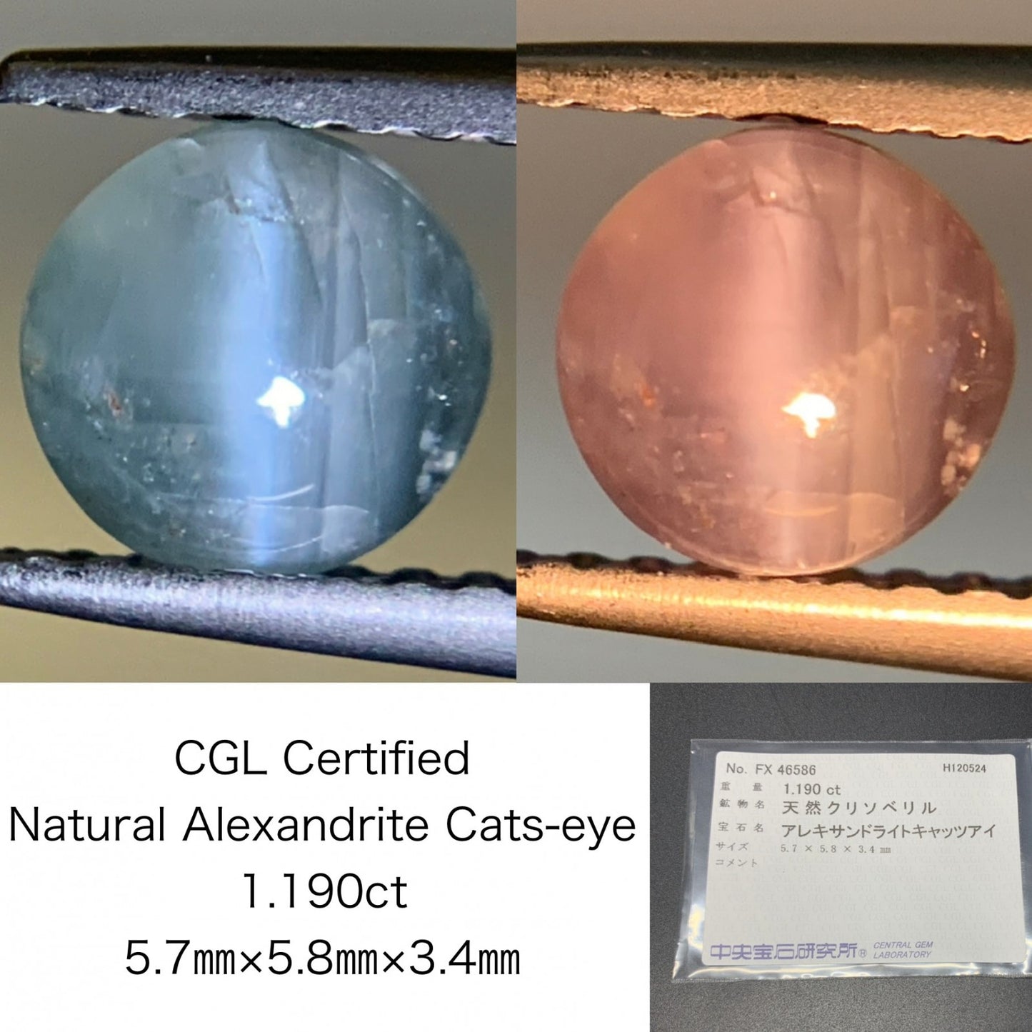 アレキサンドライトキャッツアイ 1.190ct  中央宝石ソーティング付き  5.7㎜×5.8㎜×3.4㎜  ルース（ 裸石 ） 3400Y