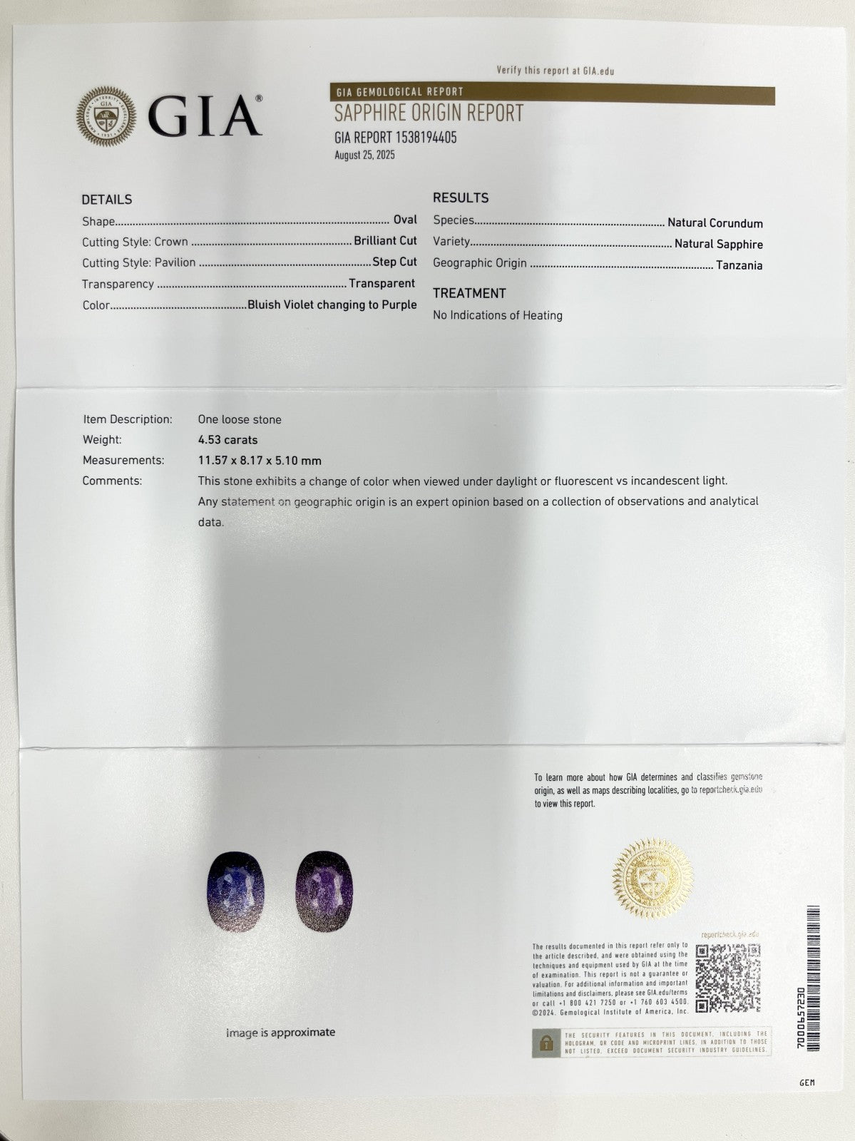 カラーチェンジサファイア 4.53ct 非加熱　No heat　GIA鑑別書 D0.67ct PT900 6.2g 指輪 （JP12号） サイズ直し無料 6515S