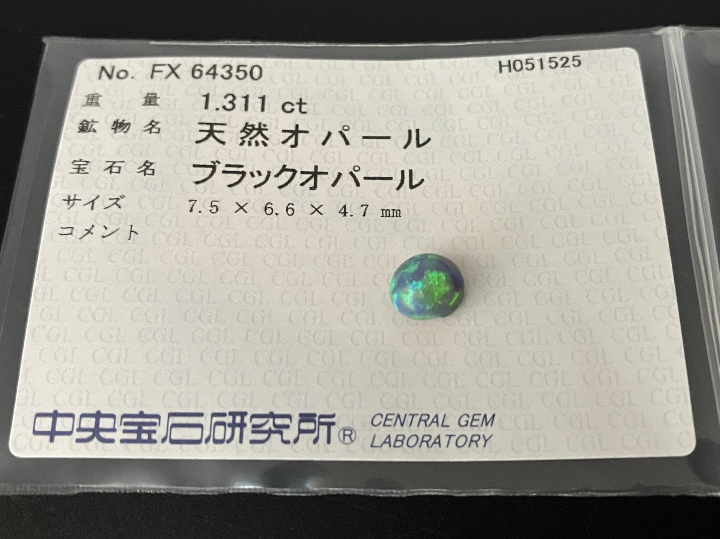 ブラックオパール  天然  1.311ct  中央宝石ソーティング付き  7.5㎜×6.6㎜×4.7㎜   ルース（ 裸石 ） 4843YY