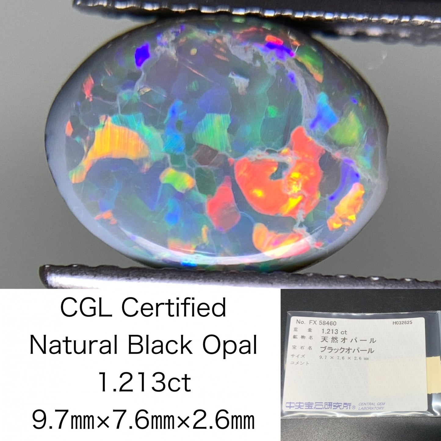 ブラックオパール 1.213ct  中央宝石ソーティング付き  9.7㎜×7.6㎜×2.6㎜  天然 ルース（ 裸石 ） 4514Y