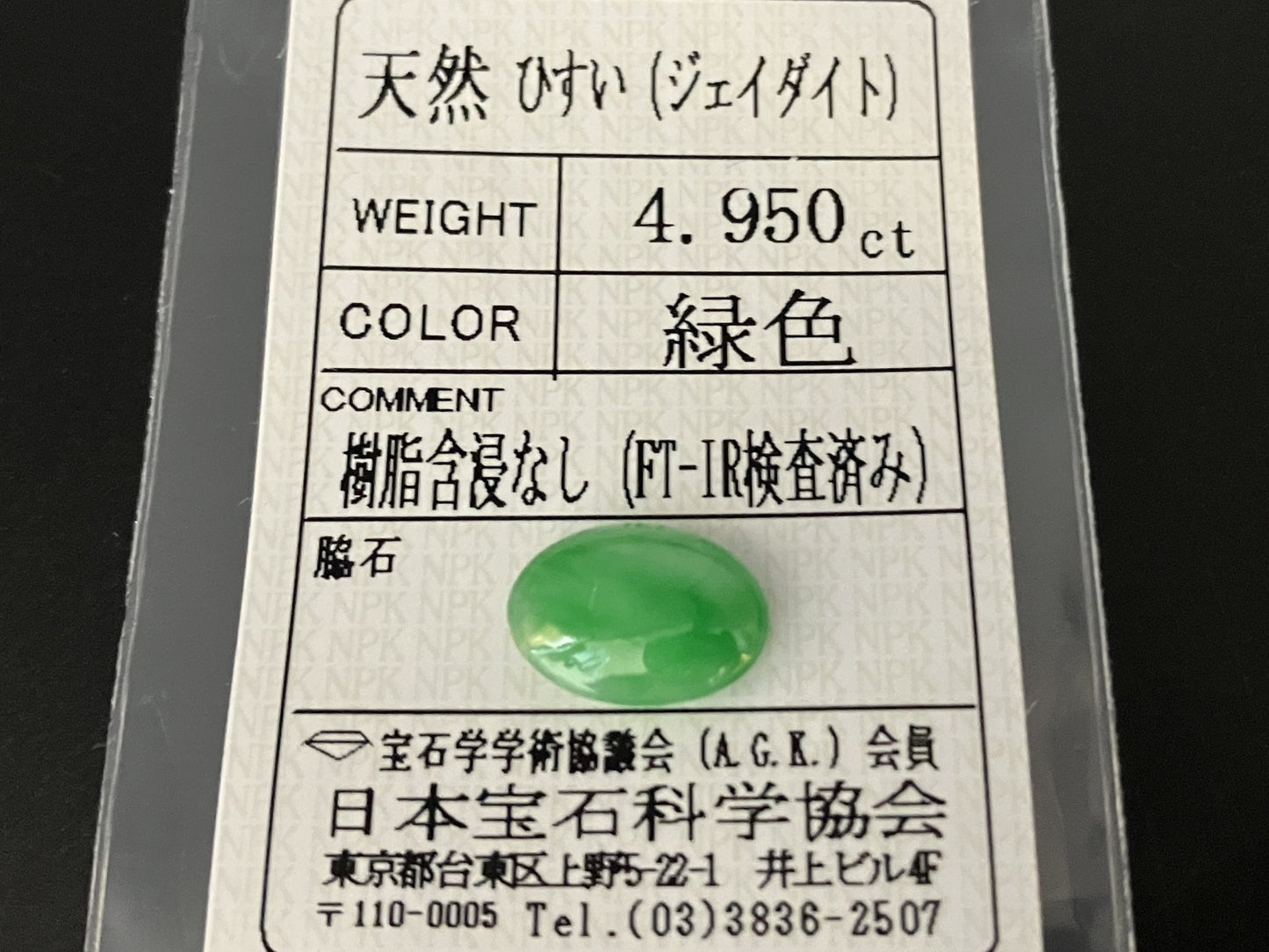 ヒスイ 翡翠 天然 4.950ct 宝石ソーティング付き 13.2㎜×9.7㎜×4.6㎜ 天然 ルース（ 裸石 ） 5024YY