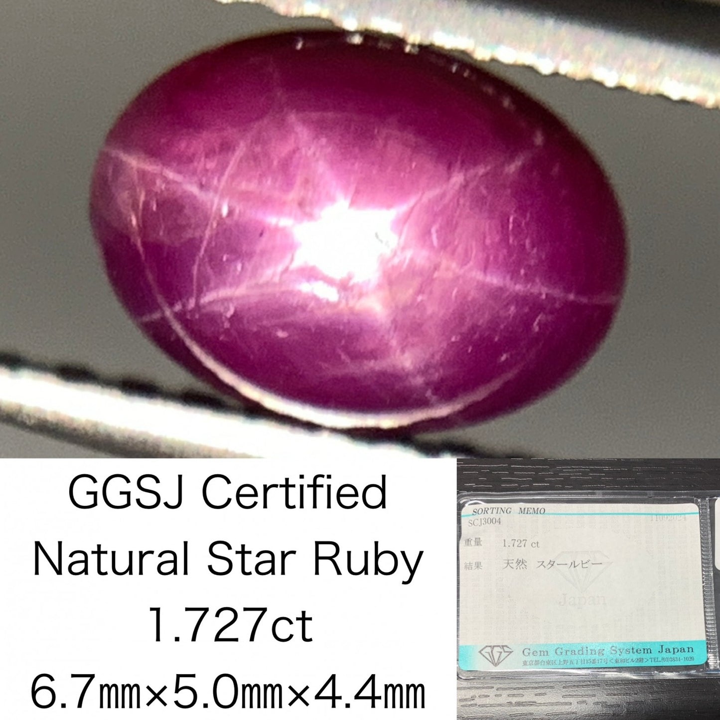 スタールビー 1.727ct 宝石ソーティング付き  6.7㎜×5.0㎜×4.4㎜  ルース（ 裸石 ） 2632Y