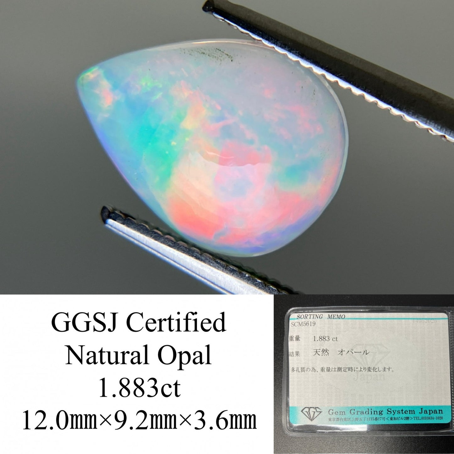 オパール 天然  1.883ct  宝石ソーティング付き  12.0㎜×9.2㎜×3.6㎜  ラッピング無料  ルース（ 裸石 ）  5140YY