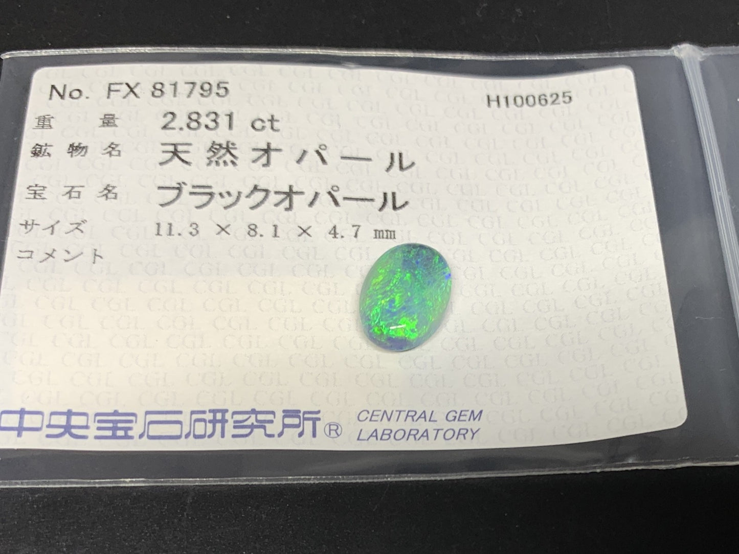 ブラックオパール 天然 2.831ct 中央宝石ソーティング付き 11.3㎜×8.1㎜×4.7㎜ ルース（ 裸石 ） 7002Y