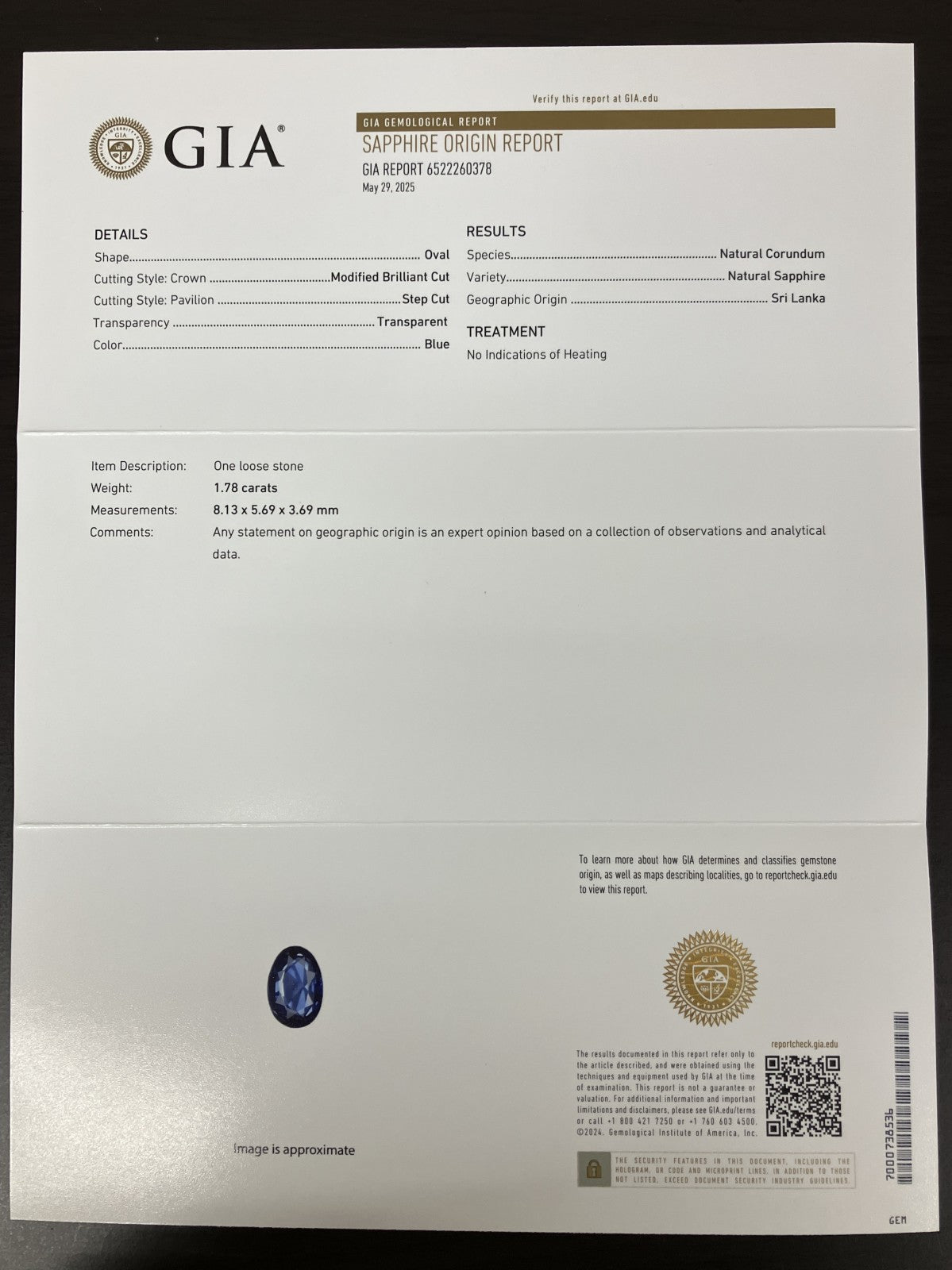 サファイア 1.78ct  GIA宝石鑑別書付き  No Heat Sri Lanka 8.13㎜×5.69㎜×3.69㎜   天然 ルース（ 裸石 ）   5091YY