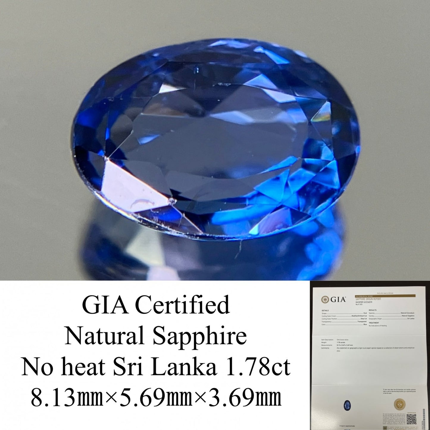 サファイア 1.78ct  GIA宝石鑑別書付き  No Heat Sri Lanka 8.13㎜×5.69㎜×3.69㎜   天然 ルース（ 裸石 ）   5091YY
