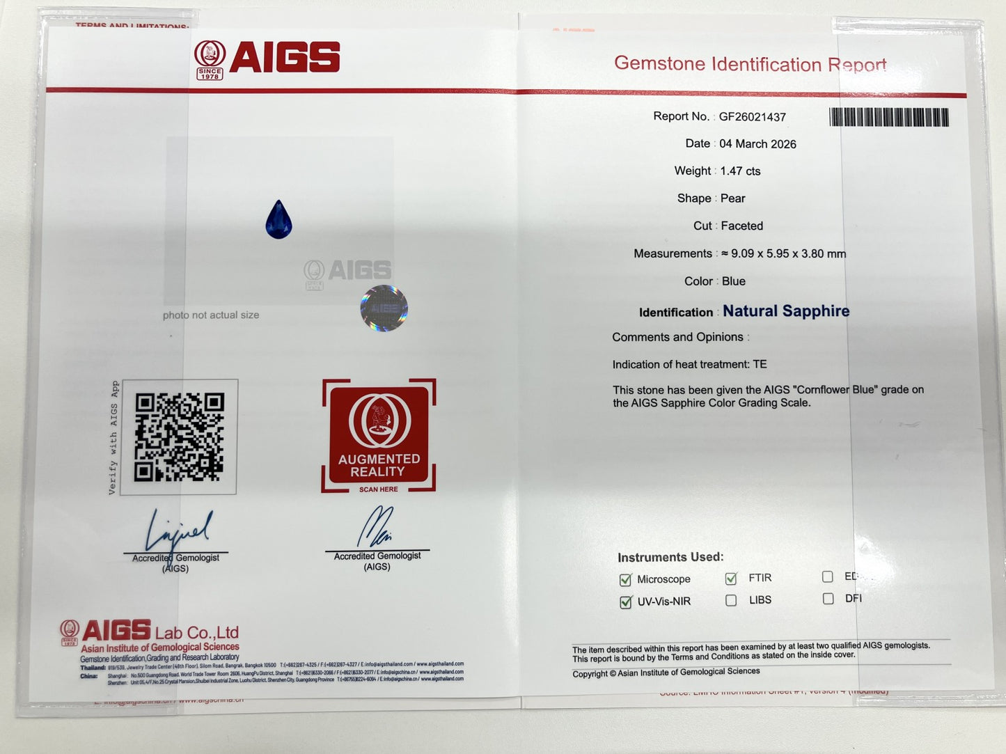サファイア 1.47ct コンフラワーブルー Cornflower Blue AIGS鑑別書 D0.42ct PT900 4.4g 指輪 （JP14.5号） サイズ直し無料 8715S