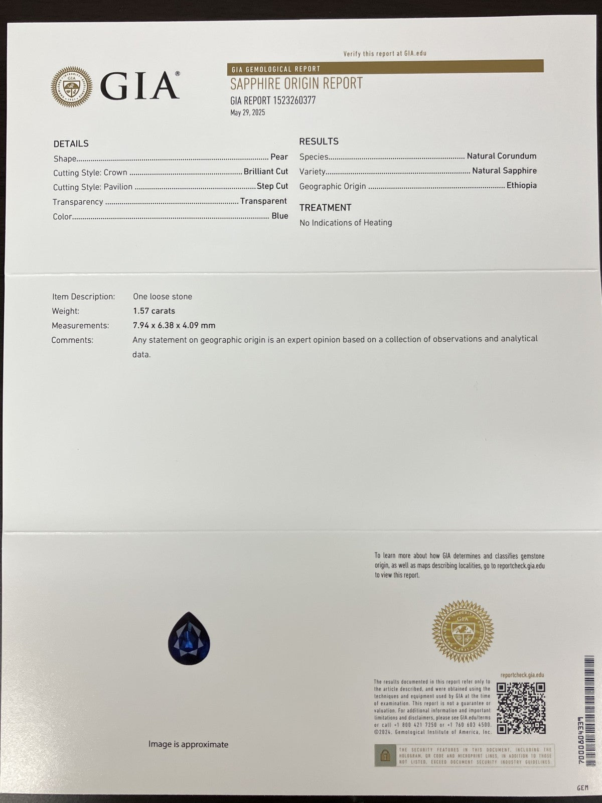 サファイア 天然  1.57ct  GIA宝石鑑別書付き  No Heat  Ethiopia  7.94㎜×6.38㎜×4.09㎜  ルース（ 裸石 ）   5197YY