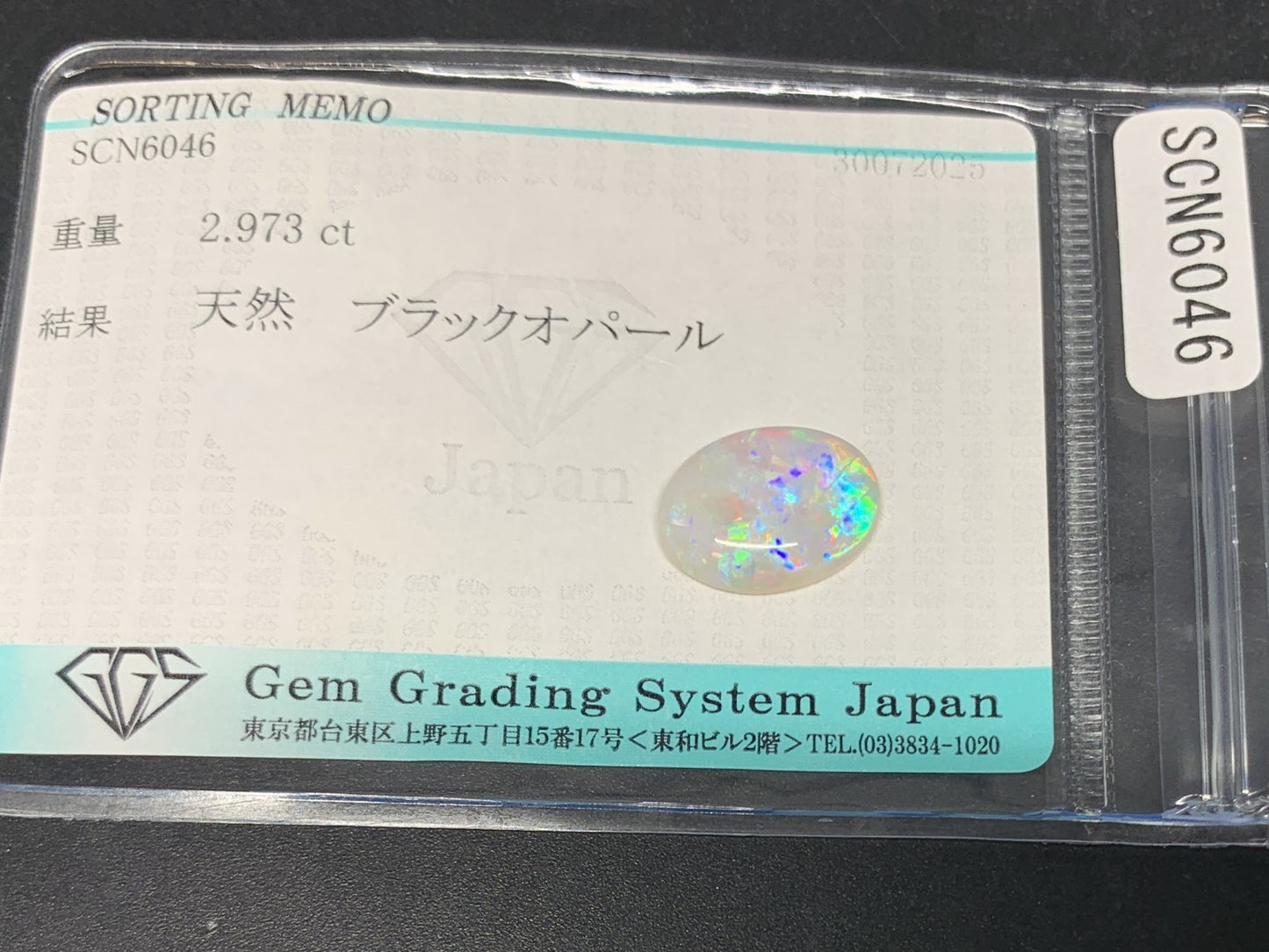 ブラックオパール 天然 2.973ct 宝石ソーティング付き 13.5㎜×10.1㎜×3.5㎜ ルース（ 裸石 ） 6185Y