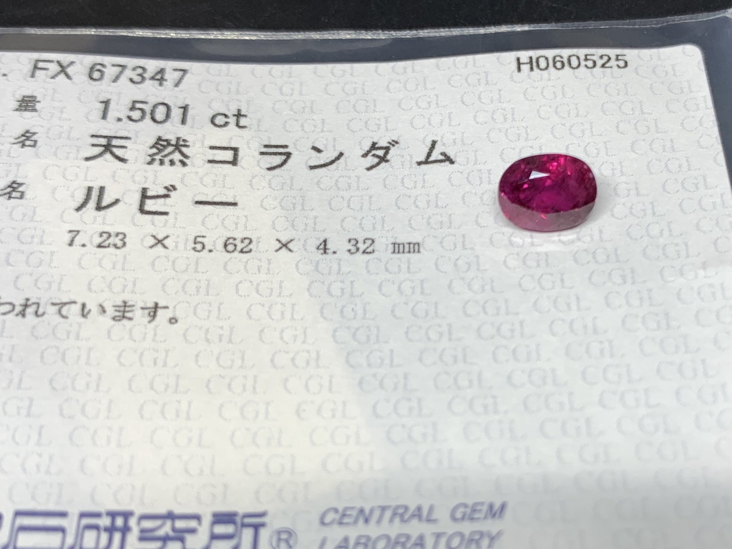 ルビー  天然  1.501ct  中央宝石ソーティング付き  7.23㎜×5.62㎜×4.32㎜   天然 ルース（ 裸石 ） 5411Y