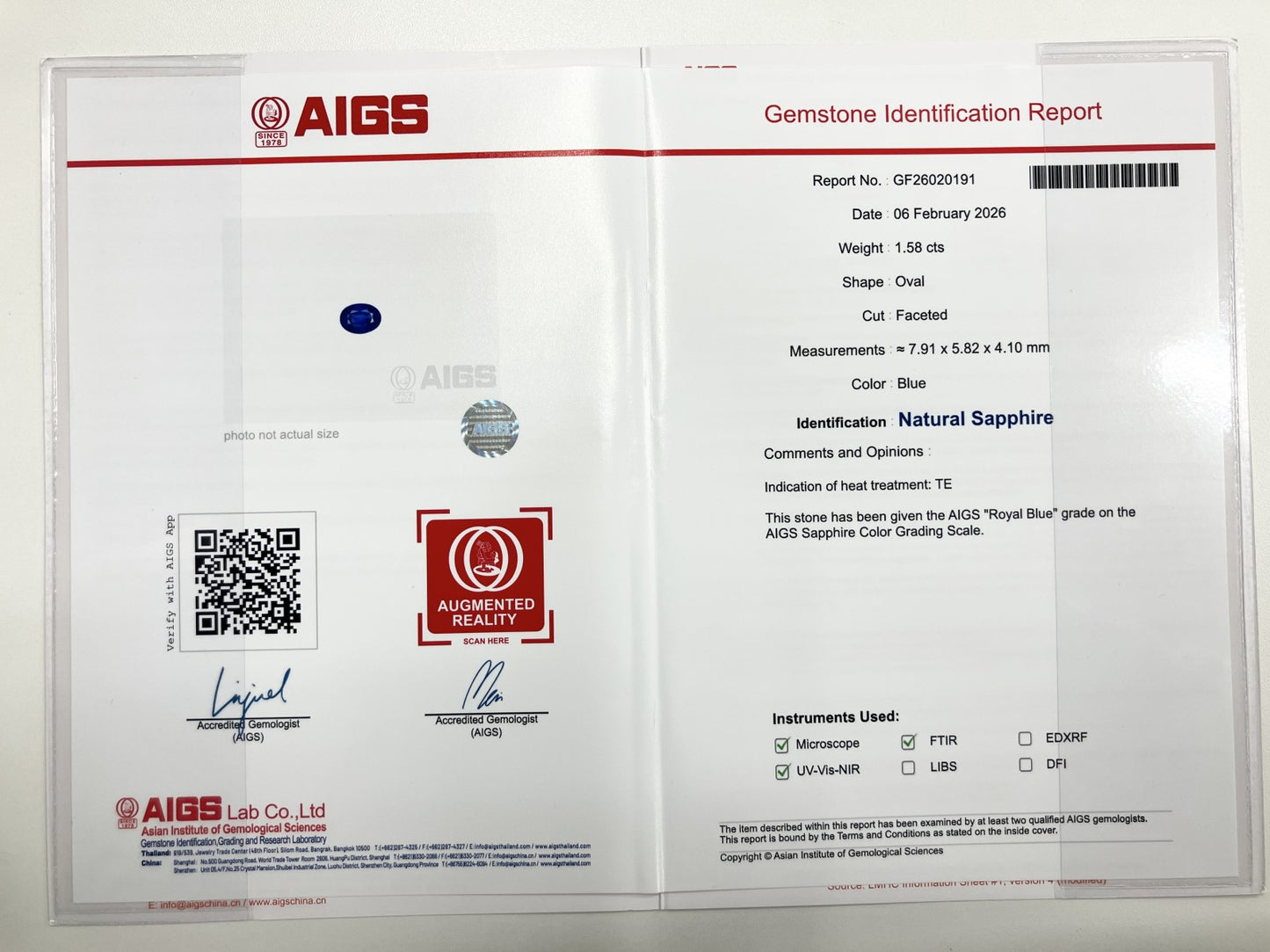 サファイア 1.58ct ロイヤルブルー Royal Blue AIGS鑑別書 D0.72ct PT900 5.3g 指輪 （JP13号） サイズ直し無料 7085S