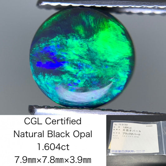 ブラックオパール 天然 1.604ct 中央宝石ソーティング付き 7.9㎜×7.8㎜×3.9㎜ ルース（ 裸石 ） 7001Y