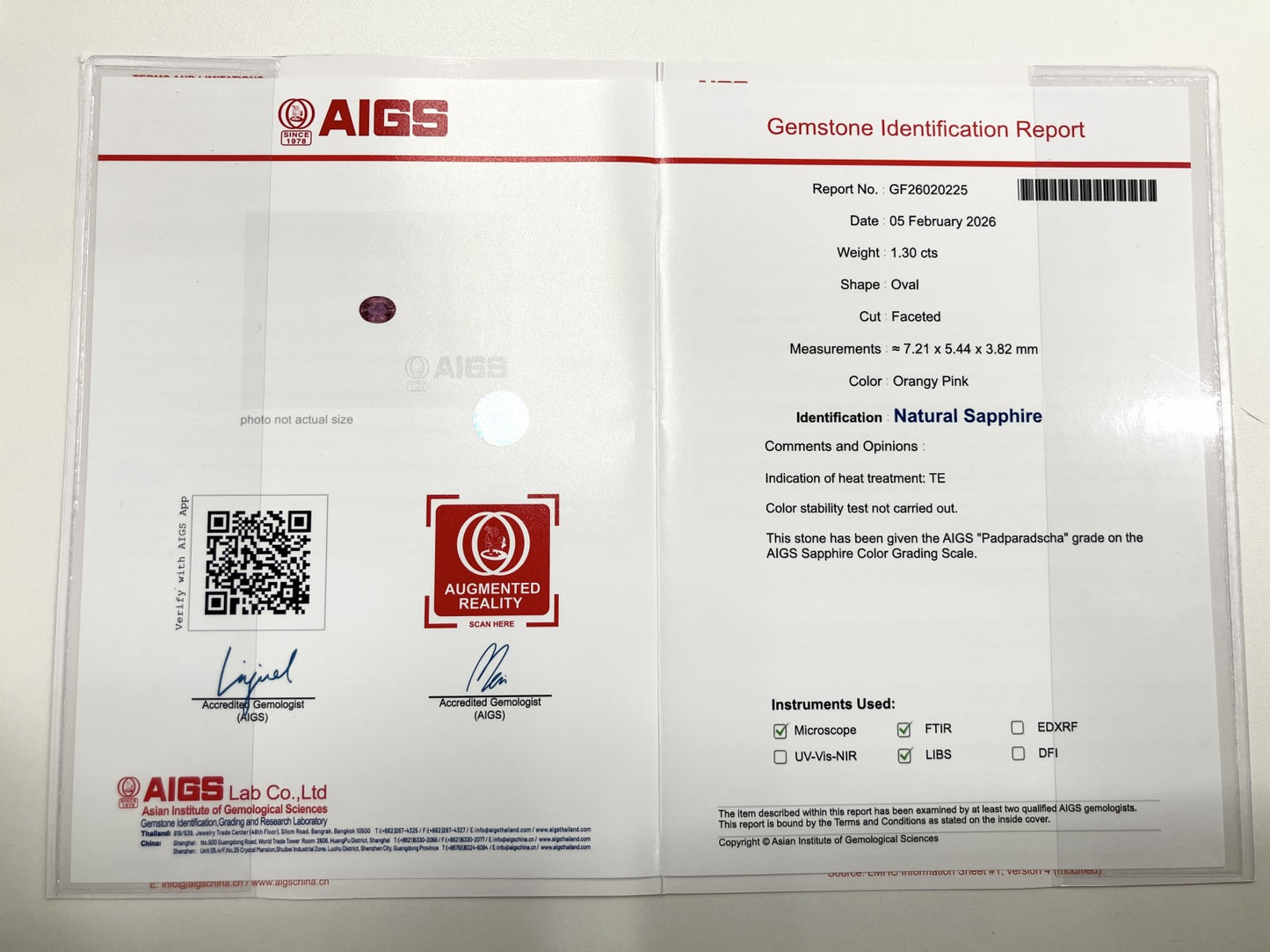 パパラチャサファイア 1.30ct パパラチャ AIGS鑑別書 D0.30ct PT900 5.1g 指輪 （JP13.5号） サイズ直し無料 8570S