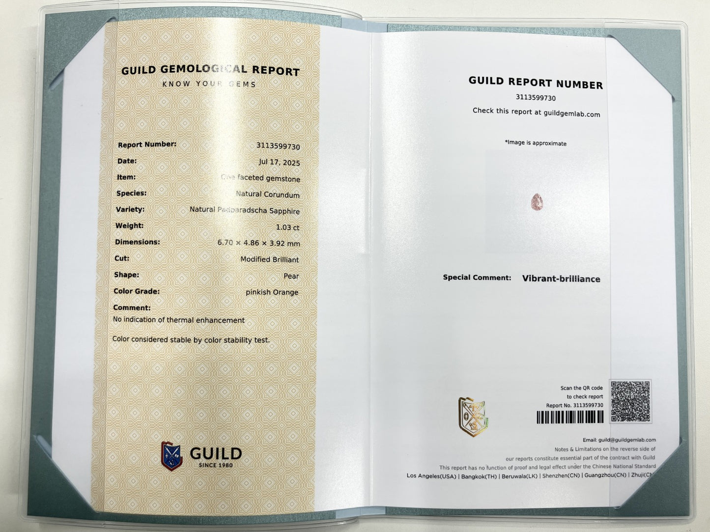 パパラチャサファイア 1.03ct パパラチャ Padparadscha 非加熱 No heat GUILD鑑別書 D0.70ct PT900 5.6g 指輪 （JP8.5号） サイズ直し無料 8569S