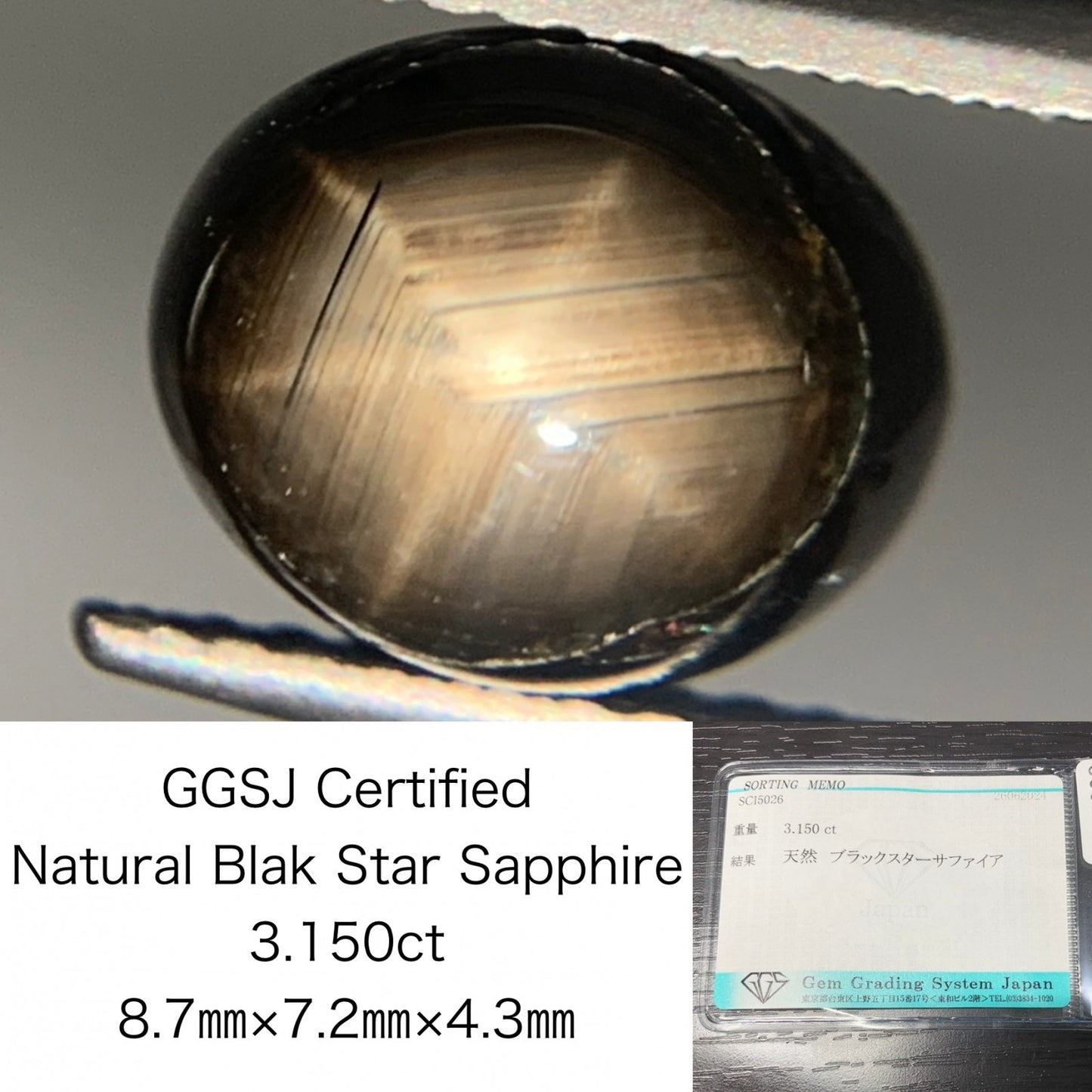 ブラックスターサファイア 3.150ct  宝石ソーティング付き  8.7㎜×7.2㎜×4.3㎜　  ルース（ 裸石 ） 2174Y