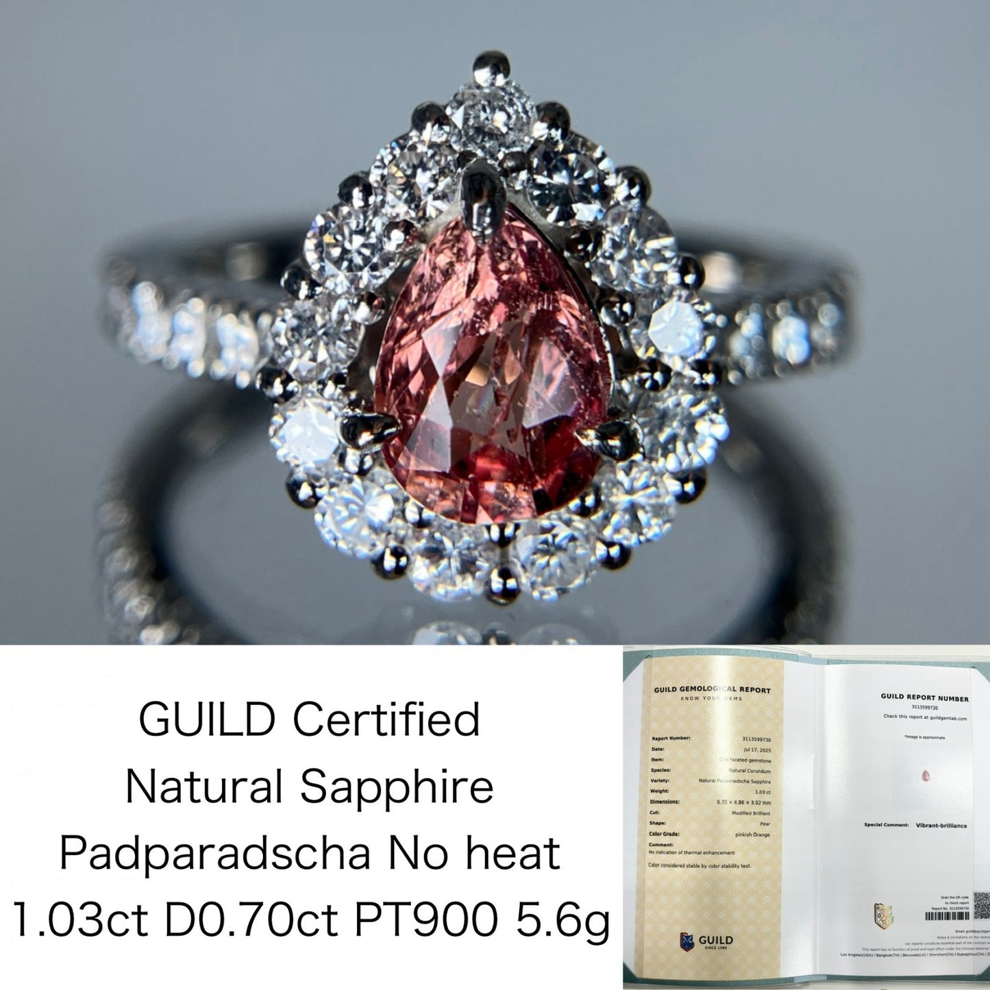 パパラチャサファイア 1.03ct パパラチャ Padparadscha 非加熱 No heat GUILD鑑別書 D0.70ct PT900 5.6g 指輪 （JP8.5号） サイズ直し無料 8569S