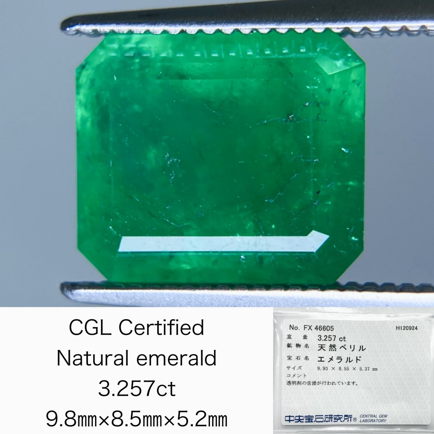 エメラルド 3.257ct 中央宝石ソーティング付き 9.8㎜×8.5㎜×5.2㎜ ルース（ 裸石 ） 3333S