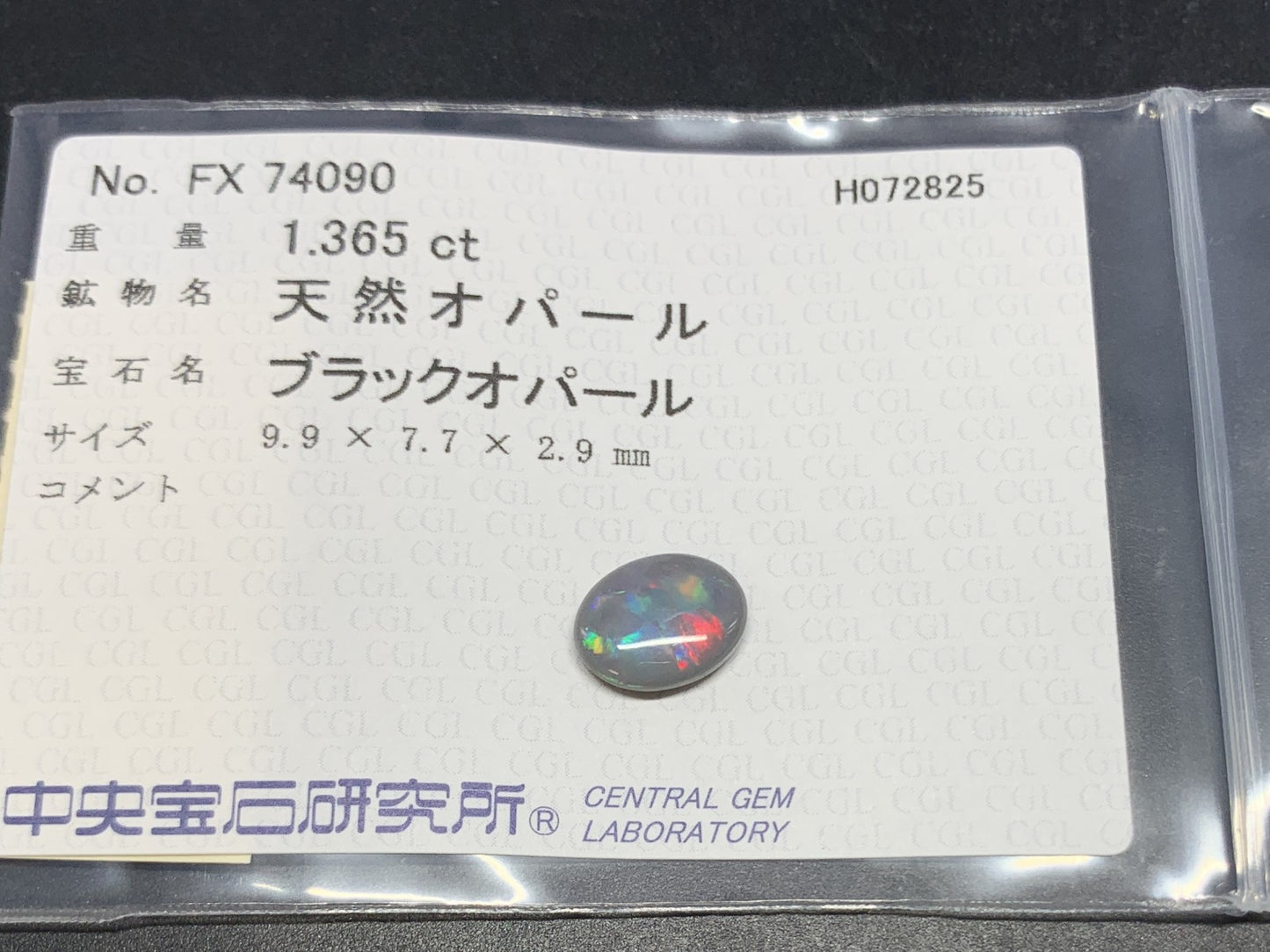 ブラックオパール 天然 1.365ct 中央宝石ソーティング付き 9.9㎜×7.7㎜×2.9㎜ ルース（ 裸石 ） 6135Y
