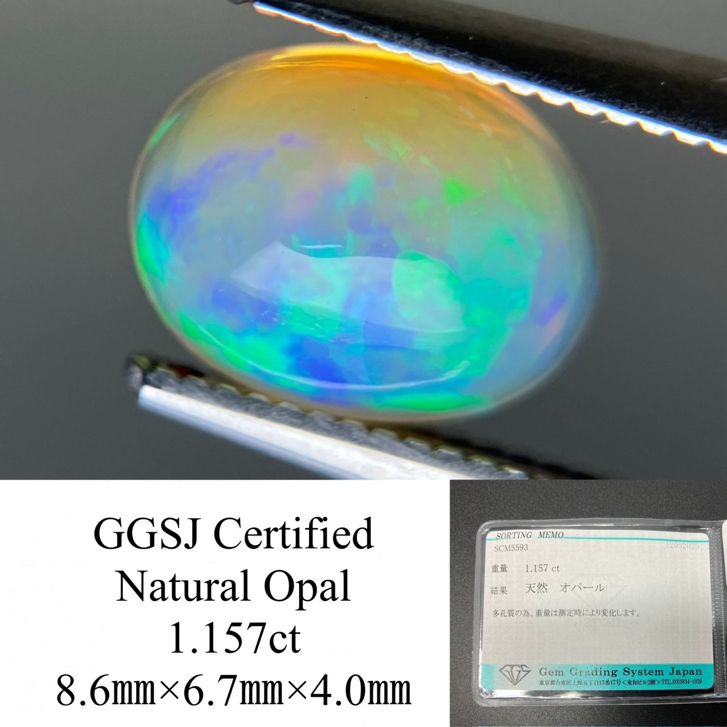 オパール   天然  1.157ct  宝石ソーティング付き  8.6㎜×6.7㎜×4.0㎜  ラッピング無料  ルース（ 裸石 ）  5172YY