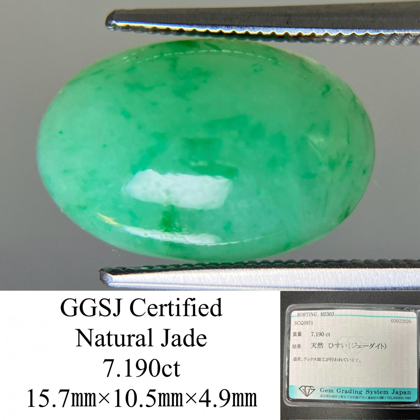 ひすい（ヒスイ 翡翠） 天然 7.190ct 宝石ソーティング付き 15.7㎜×10.5㎜×4.9㎜ ルース（ 裸石 ） 7871YY