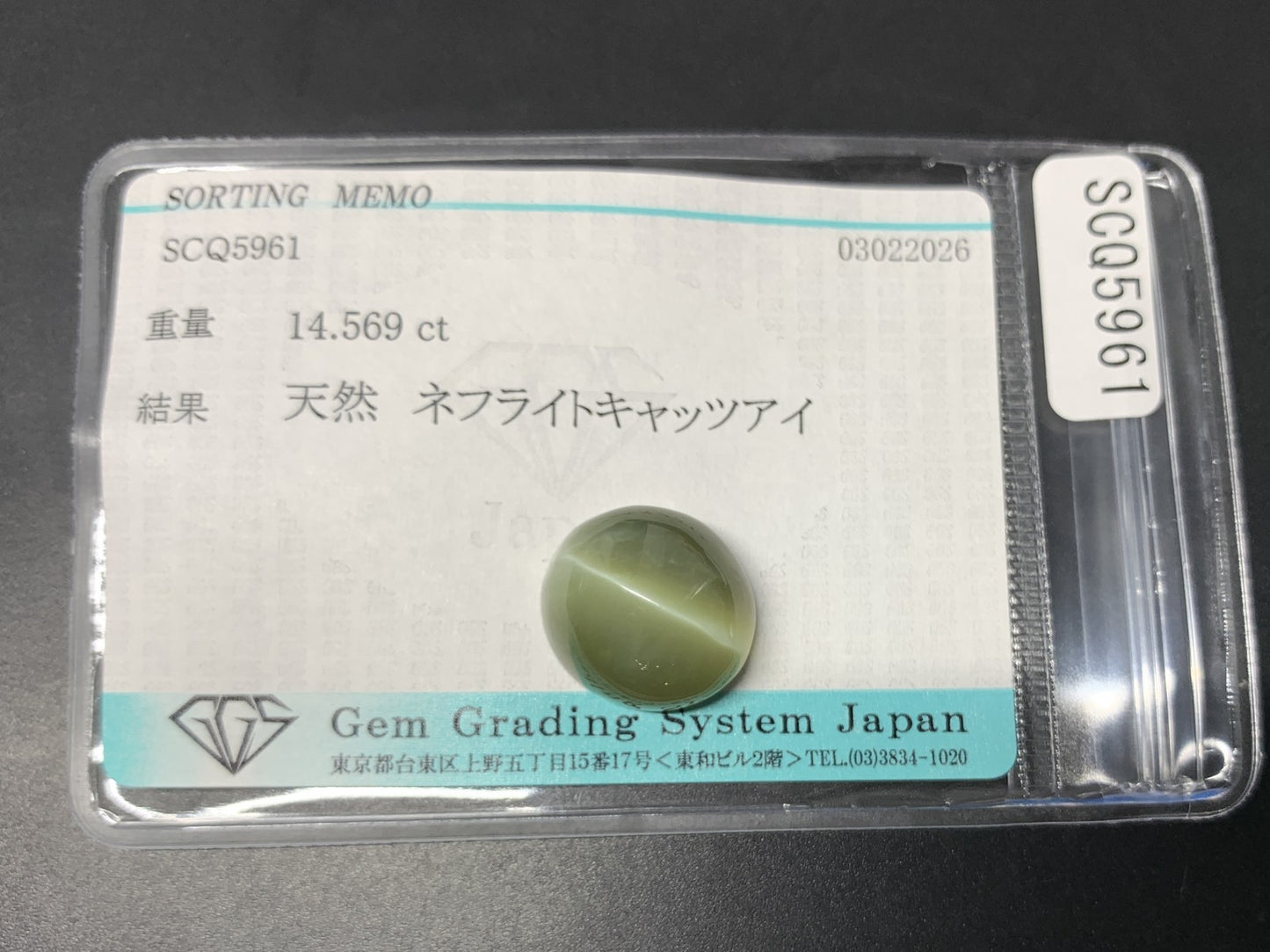 ネフライトキャッツアイ 天然 14.569ct 宝石ソーティング付き 14.9㎜×13.8㎜×8.7㎜ ルース（ 裸石 ） 8258Y