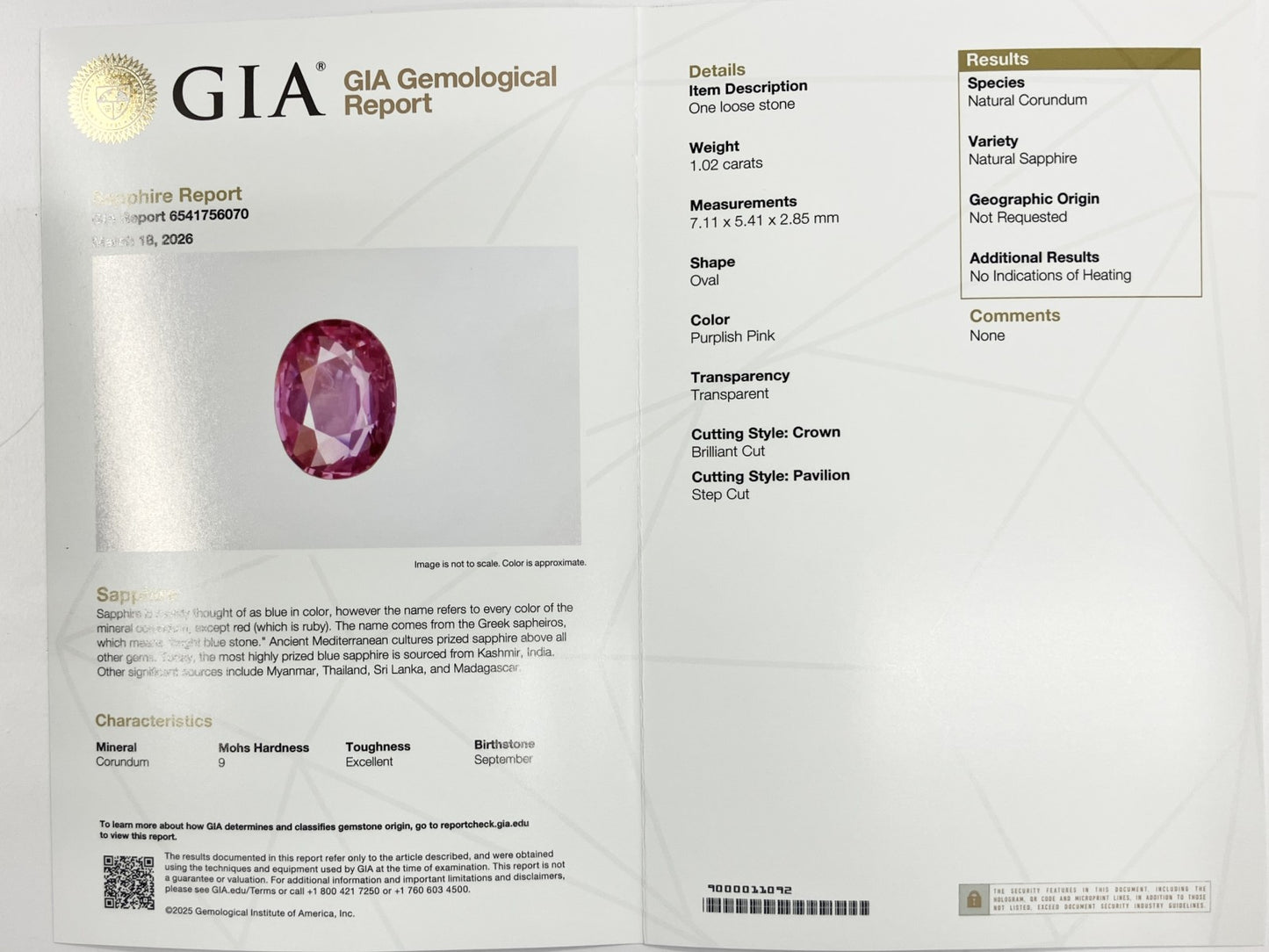 サファイア 1.02ct 非加熱 No heat GIA鑑別書 D0.72ct PT900 4.8g 指輪 （JP14号） サイズ直し無料 8442K