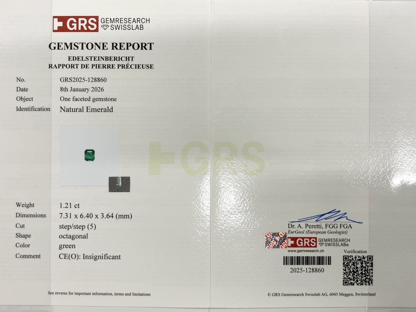 エメラルド 1.21ct Insighficant GRS鑑別書 D0.42ct PT900 5.0g 指輪 （JP11号） サイズ直し無料 7586K