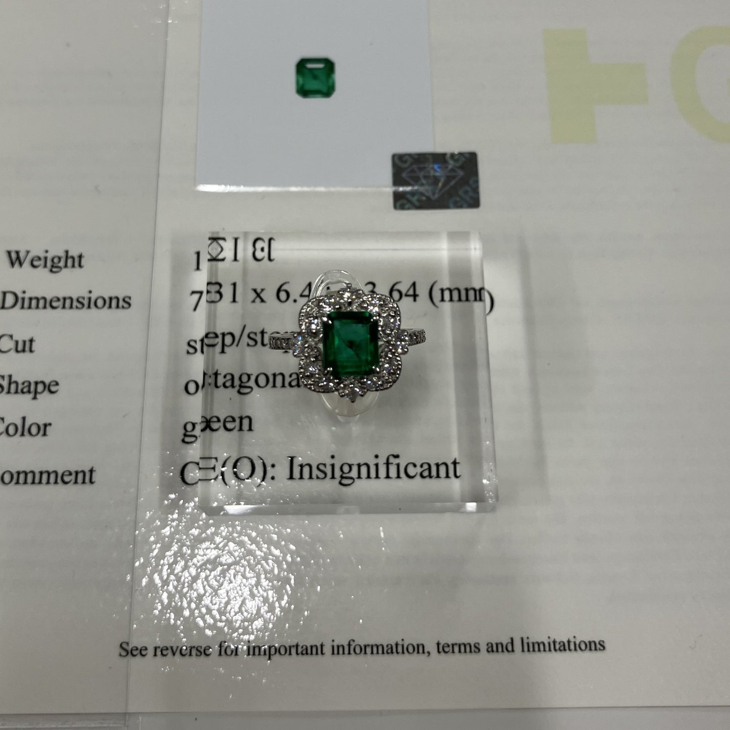エメラルド 1.21ct Insighficant GRS鑑別書 D0.42ct PT900 5.0g 指輪 （JP11号） サイズ直し無料 7586K