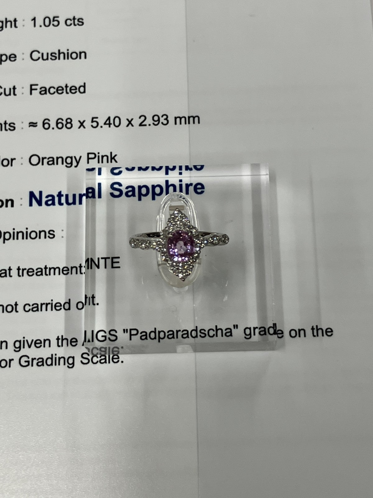 サファイア 1.05ct パパラチャ Padparadscha 非加熱 No heat AIGS鑑別書 D0.31ct PT900 4.4g 指輪 （JP13号） サイズ直し無料 8579K
