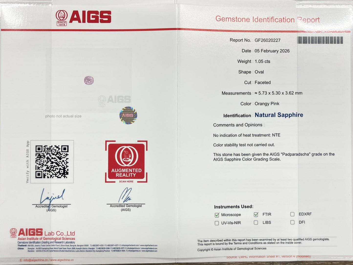 サファイア 1.05ct パパラチャ Padparadscha 非加熱 No heat AIGS鑑別書 D0.31ct PT900 4.3g 指輪 （JP13号） サイズ直し無料 8572K
