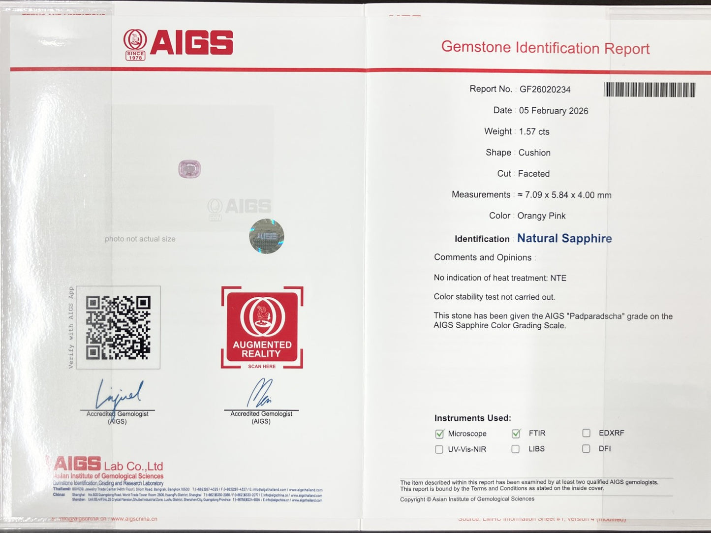 サファイア 1.57ct パパラチャ Padparadscha 非加熱 No heat AIGS鑑別書 D0.68ct PT900 4.9g 指輪 （JP10号） サイズ直し無料 8582K