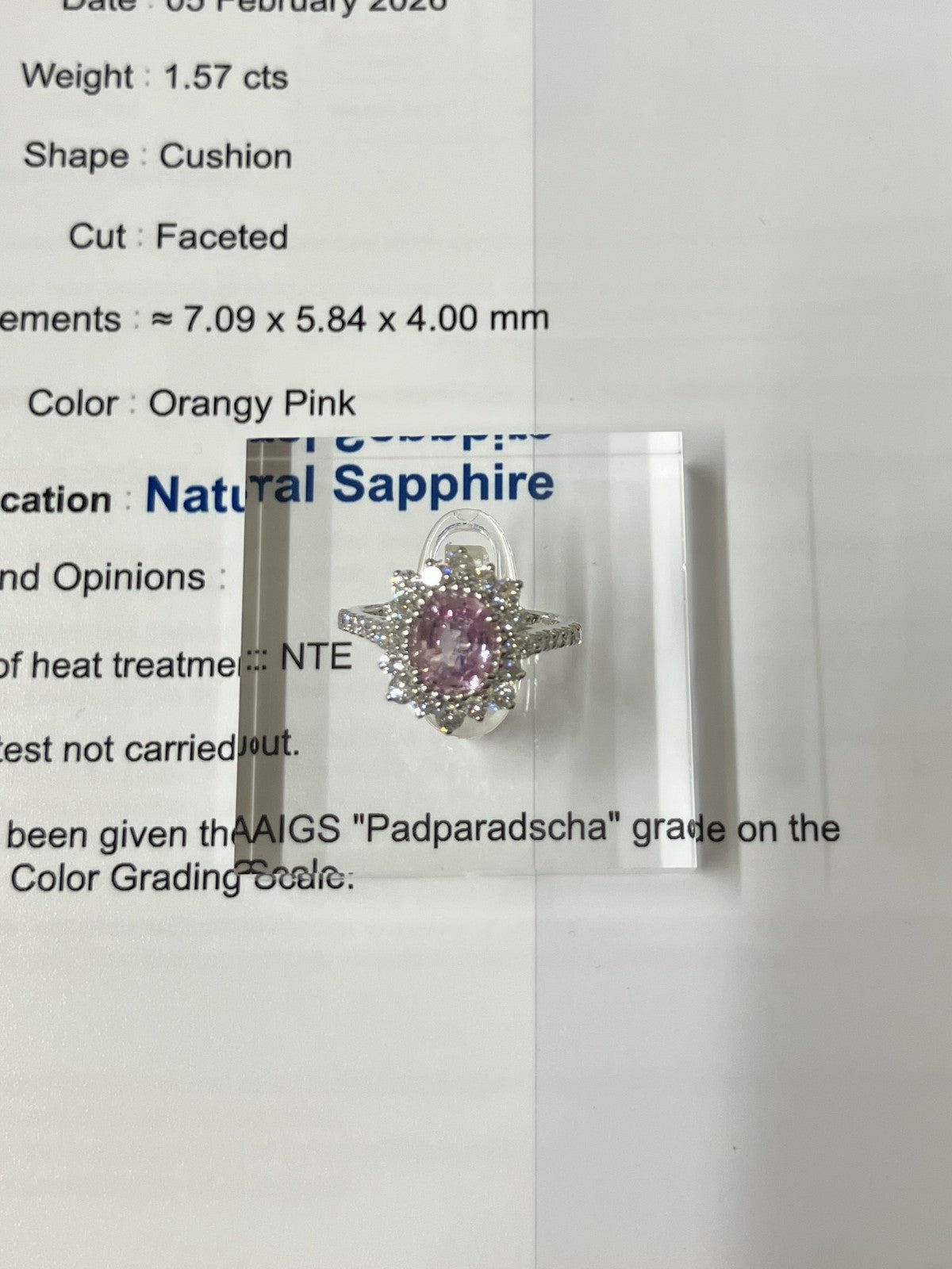 サファイア 1.57ct パパラチャ Padparadscha 非加熱 No heat AIGS鑑別書 D0.68ct PT900 4.9g 指輪 （JP10号） サイズ直し無料 8582K