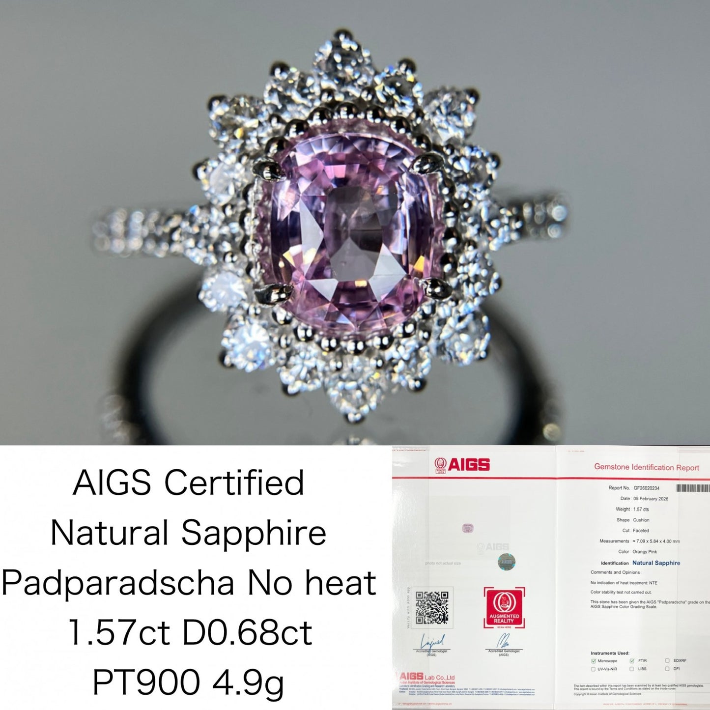 サファイア 1.57ct パパラチャ Padparadscha 非加熱 No heat AIGS鑑別書 D0.68ct PT900 4.9g 指輪 （JP10号） サイズ直し無料 8582K