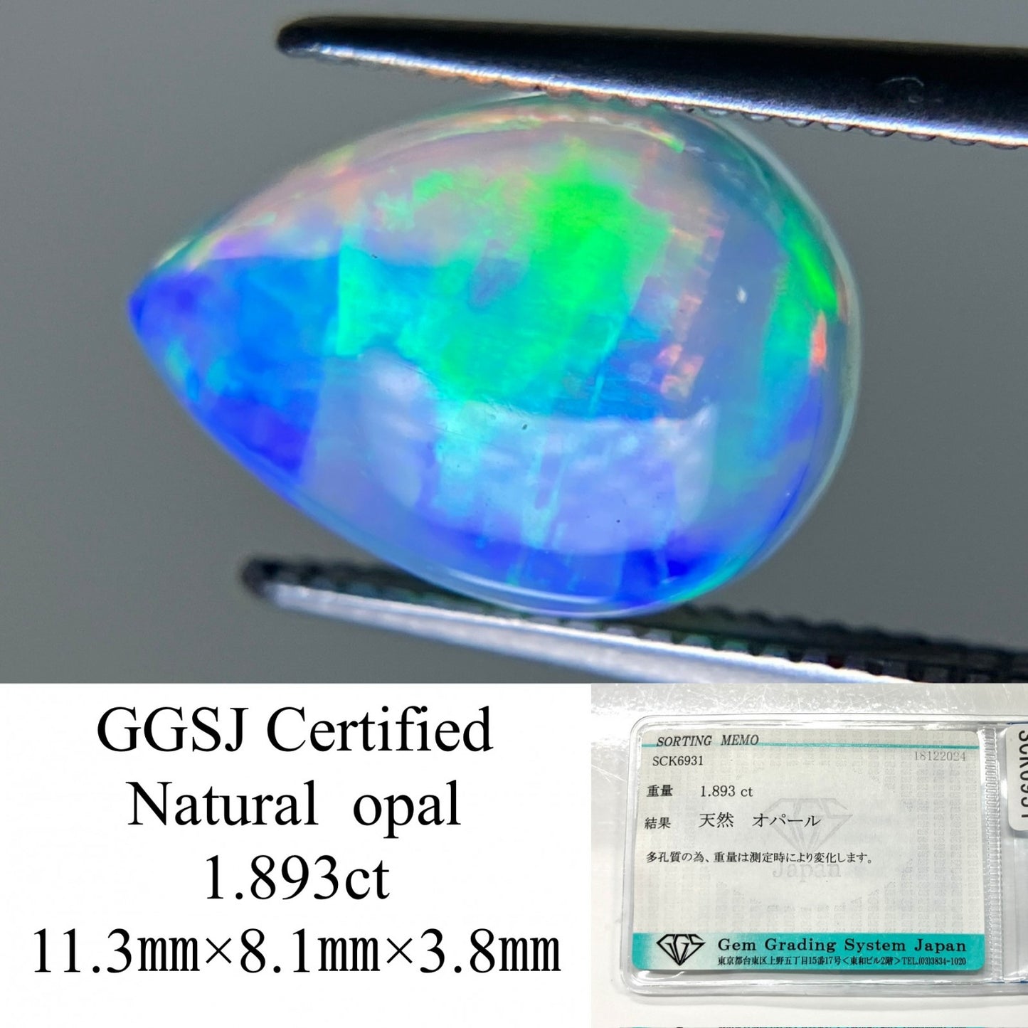 オパール 1.893ct 宝石ソーティング付き  11.3㎜×8.1㎜×3.8㎜  ルース（ 裸石 ） 3591YY