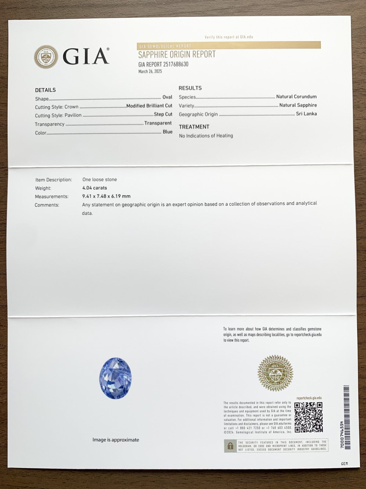 サファイア 4.04ct  GIA宝石鑑別書付き  No Heat Sri Lanka 9.41㎜×7.48㎜×6.19㎜   天然 ルース（ 裸石 ）   3872Y