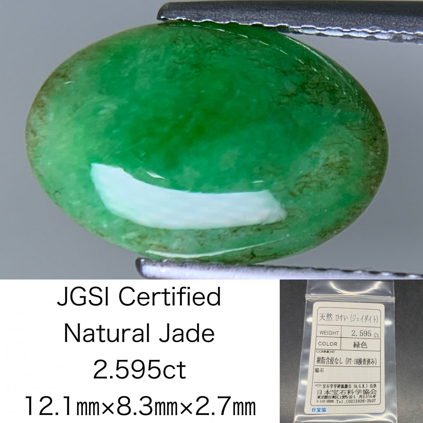 ヒスイ 翡翠 天然 2.595ct 宝石ソーティング付き 12.1㎜×8.3㎜×2.7㎜ ルース（ 裸石 ） 6096Y