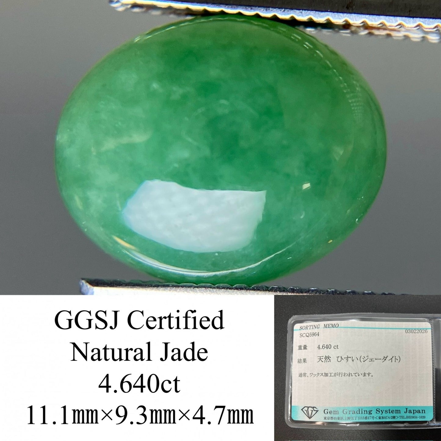 ひすい（ヒスイ 翡翠） 天然 4.640ct 宝石ソーティング付き 11.1㎜×9.3㎜×4.7㎜ ルース（ 裸石 ） 8057YY
