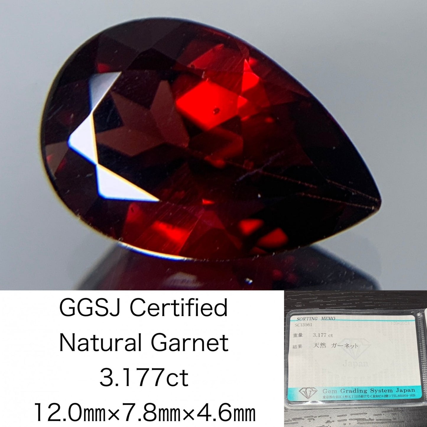 ガーネット 3.177ct  宝石ソーティング付き  12.0㎜×7.8㎜×4.6㎜　  ルース（ 裸石 ） 2048Y