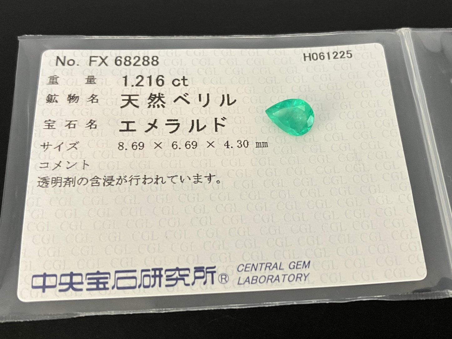 エメラルド 天然 1.216ct 中央宝石ソーティング付き 8.69㎜×6.69㎜×4.30㎜ 天然 ルース（ 裸石 ） 5455YY