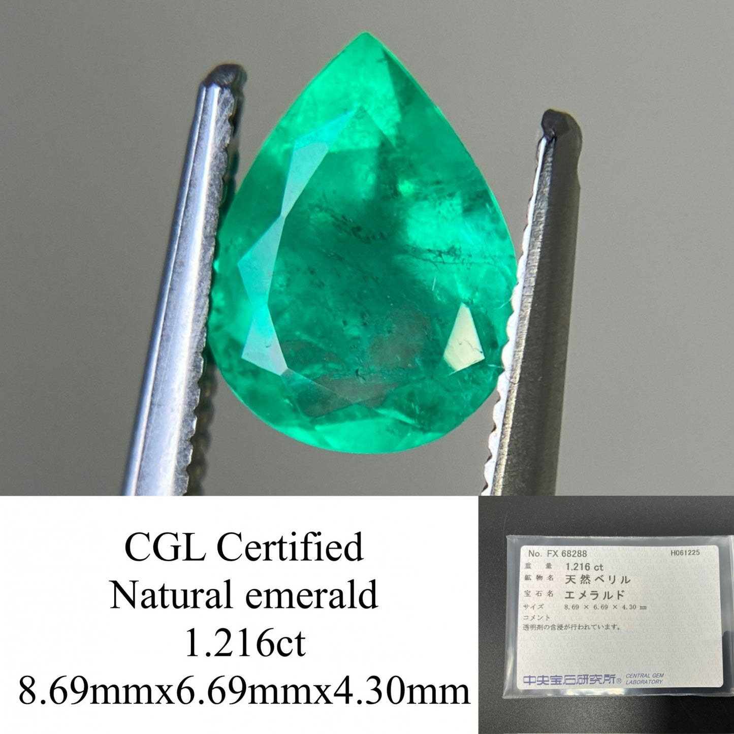 エメラルド 天然 1.216ct 中央宝石ソーティング付き 8.69㎜×6.69㎜×4.30㎜ 天然 ルース（ 裸石 ） 5455YY
