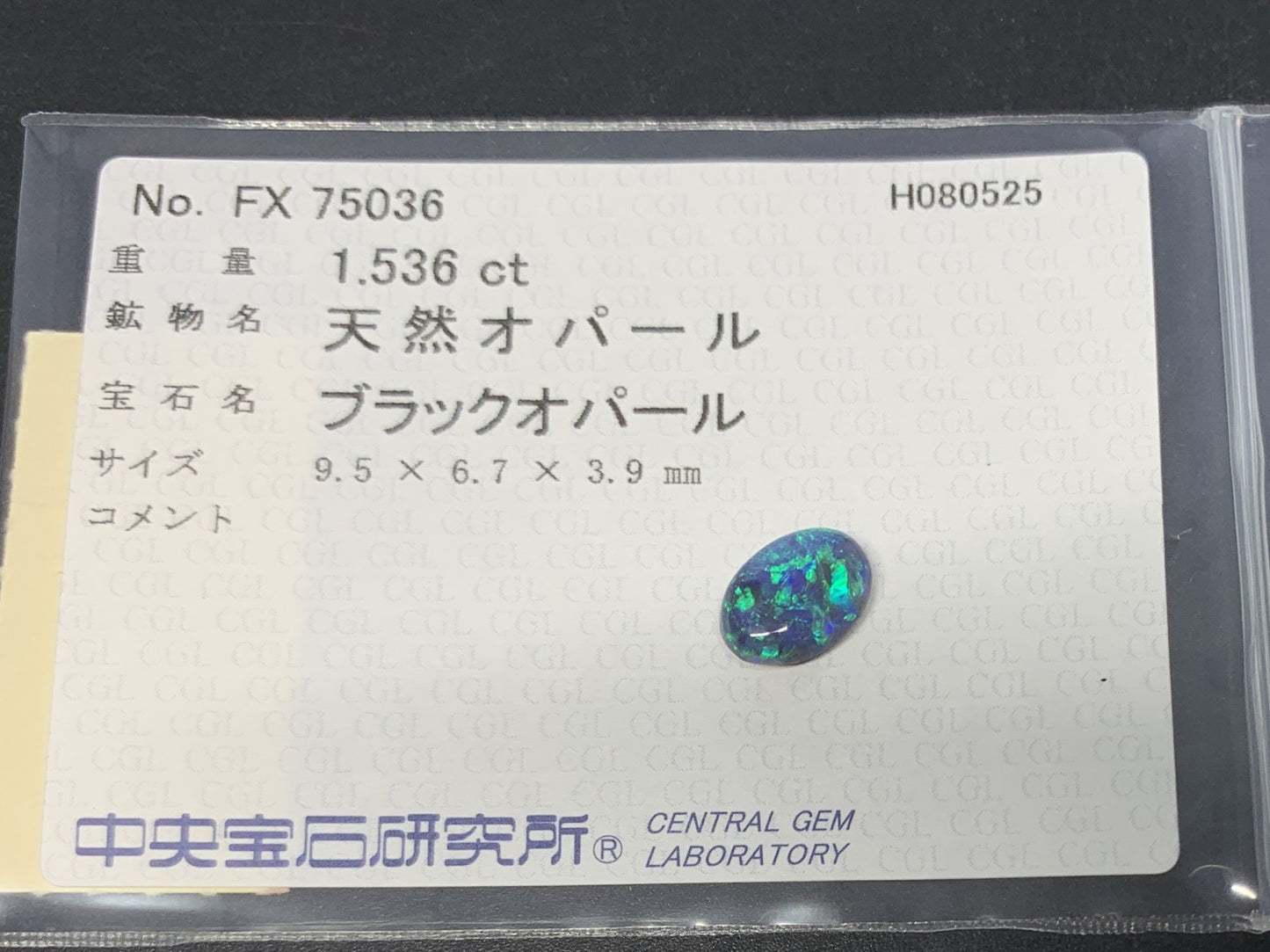 ブラックオパール 天然 1.536ct 中央宝石ソーティング付き 9.5㎜×6.7㎜×3.9㎜ ルース（ 裸石 ） 6246Y