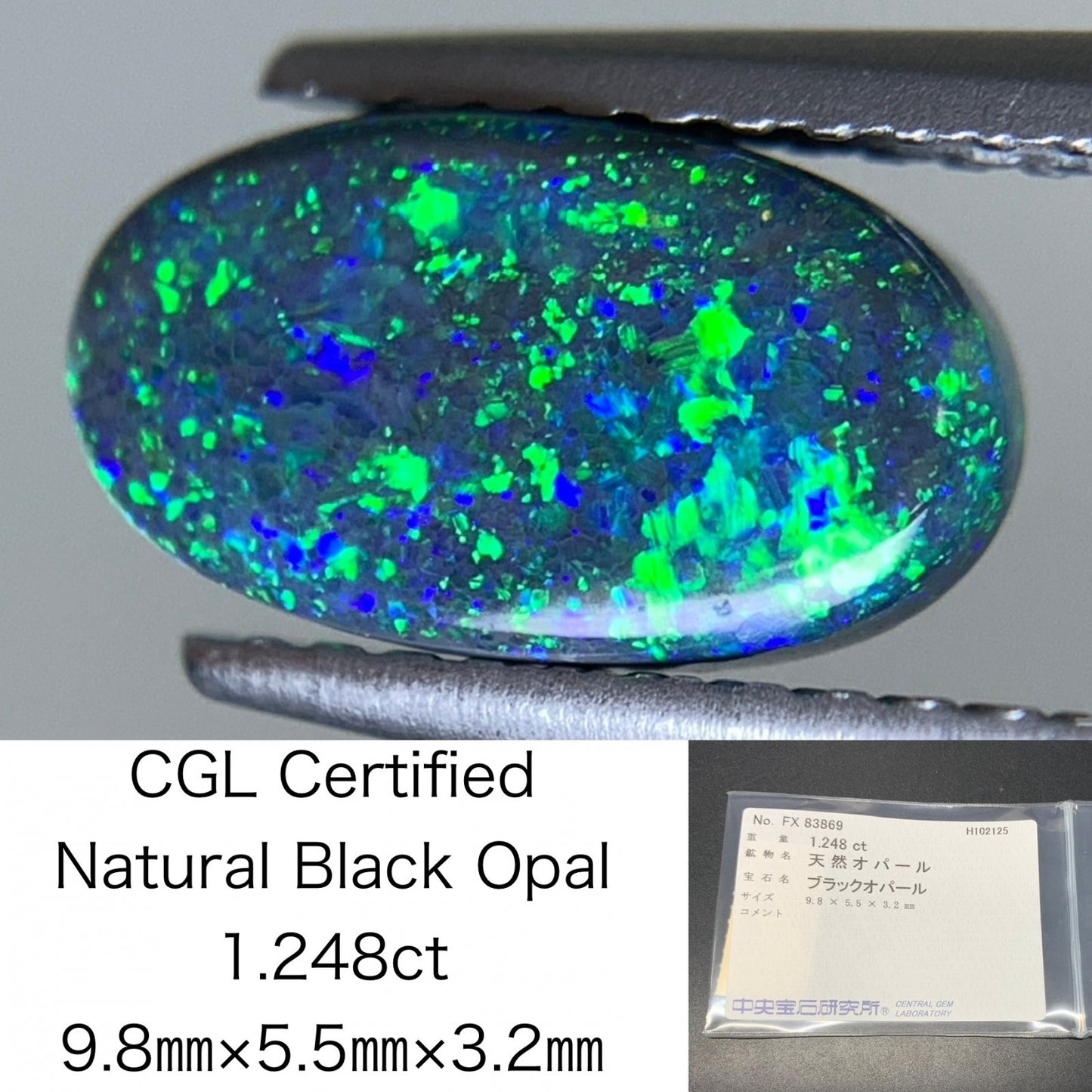ブラックオパール 天然 1.248ct 中央宝石ソーティング付き 9.8㎜×5.5㎜×3.2㎜ ルース（ 裸石 ） 7045Y